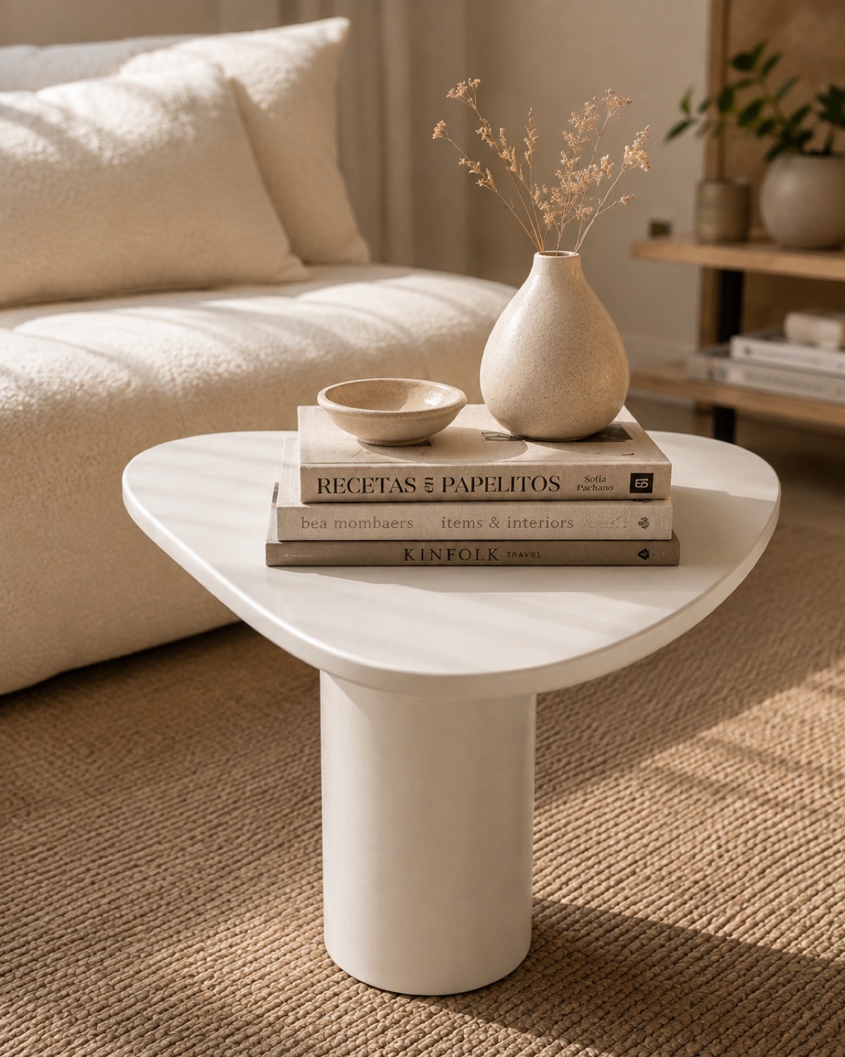 Mesa baja de ec x intuitivo con el sobre en forma de pétalo, con libros y un cuenco encima