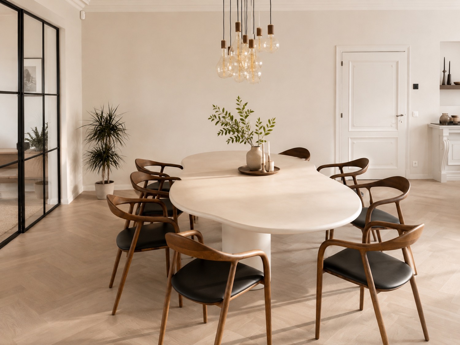 Mesa de comedor ovalada de ec x intuitivo con sillas de madera y respaldo curvo