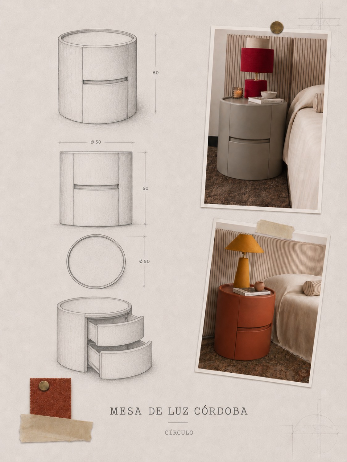 Ficha de diseño de la Mesa de luz Córdoba: perspectiva, alzado y planta acotados en 50 centímetros de diámetro por 60 de alto, con los cajones curvos abiertos