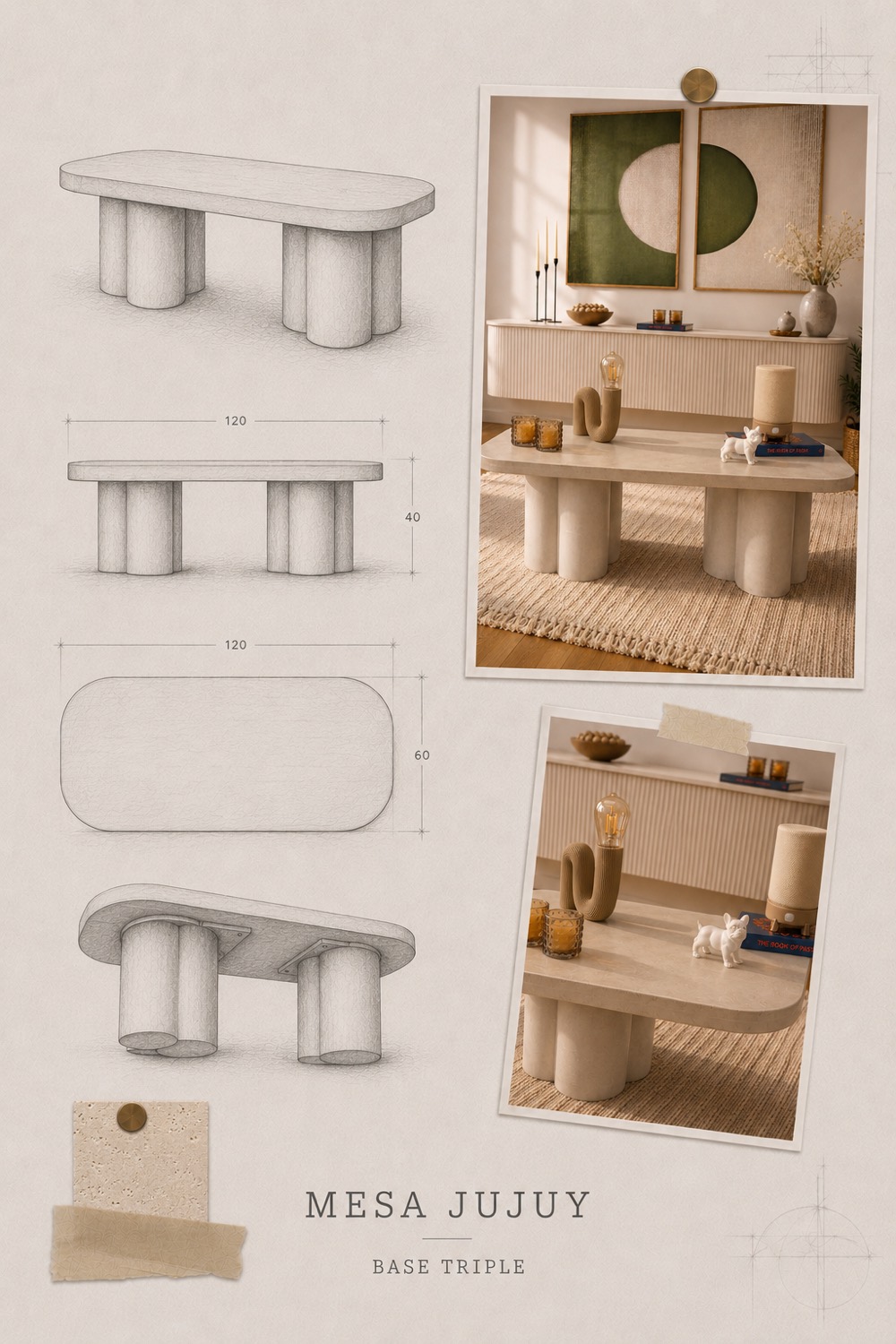 Ficha de diseño de la Mesa Jujuy: perspectiva, alzado y planta acotados en 120 por 60 por 40 centímetros