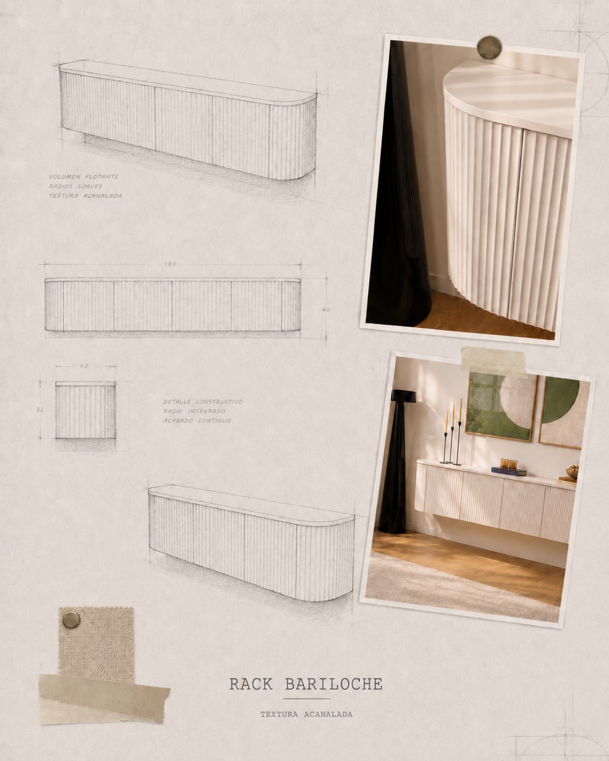Ficha de diseño del Rack Bariloche: perspectiva, alzado acotado en 180 por 40 centímetros y detalle constructivo del radio integrado