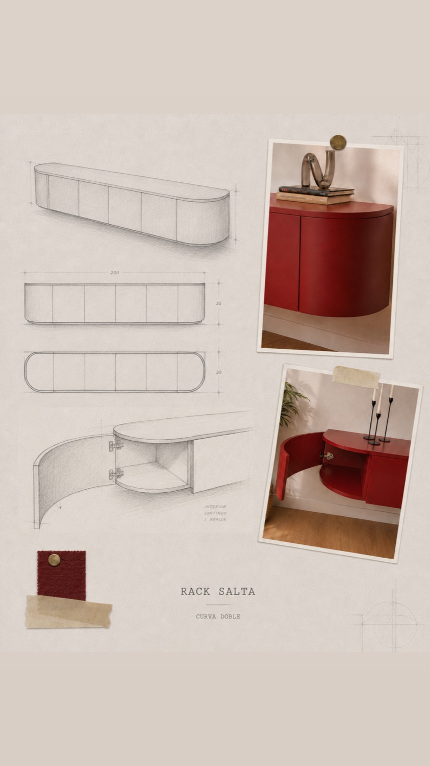 Ficha de diseño del Rack Salta: perspectiva, alzado y planta acotados en 200 por 35 por 30 centímetros, con el detalle del interior