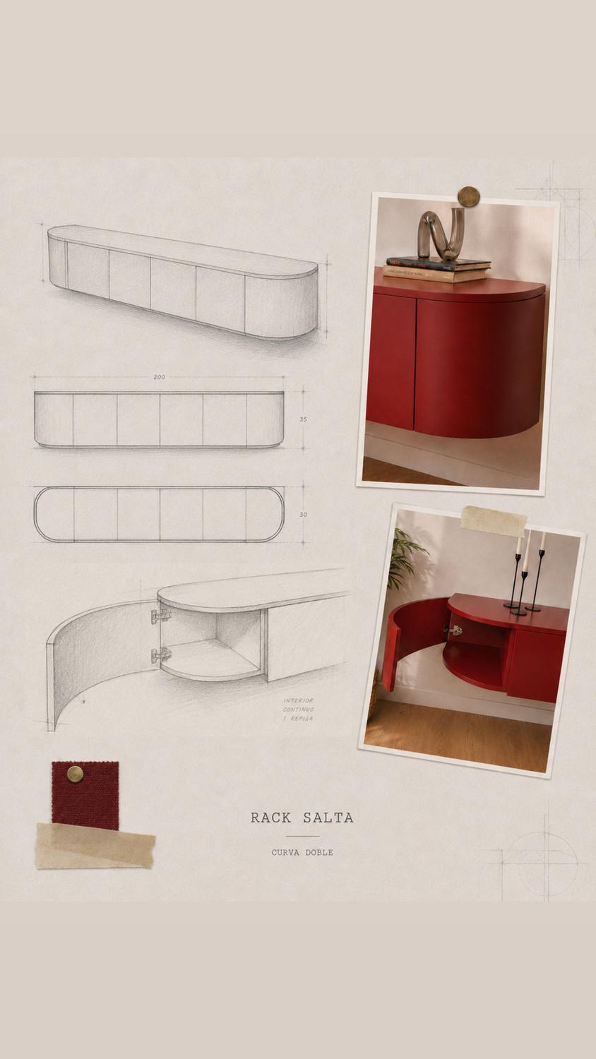 Ficha de diseño del Rack Salta: perspectiva, alzado y planta acotados en 200 por 35 por 30 centímetros, con el detalle del interior