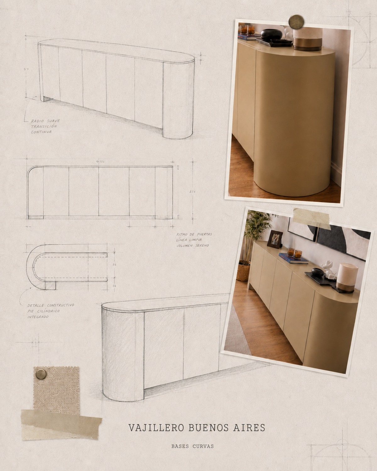 Ficha de diseño del Vajillero Buenos Aires: perspectiva, vista frontal y planta dibujadas a mano, con la nota del pie cilíndrico integrado