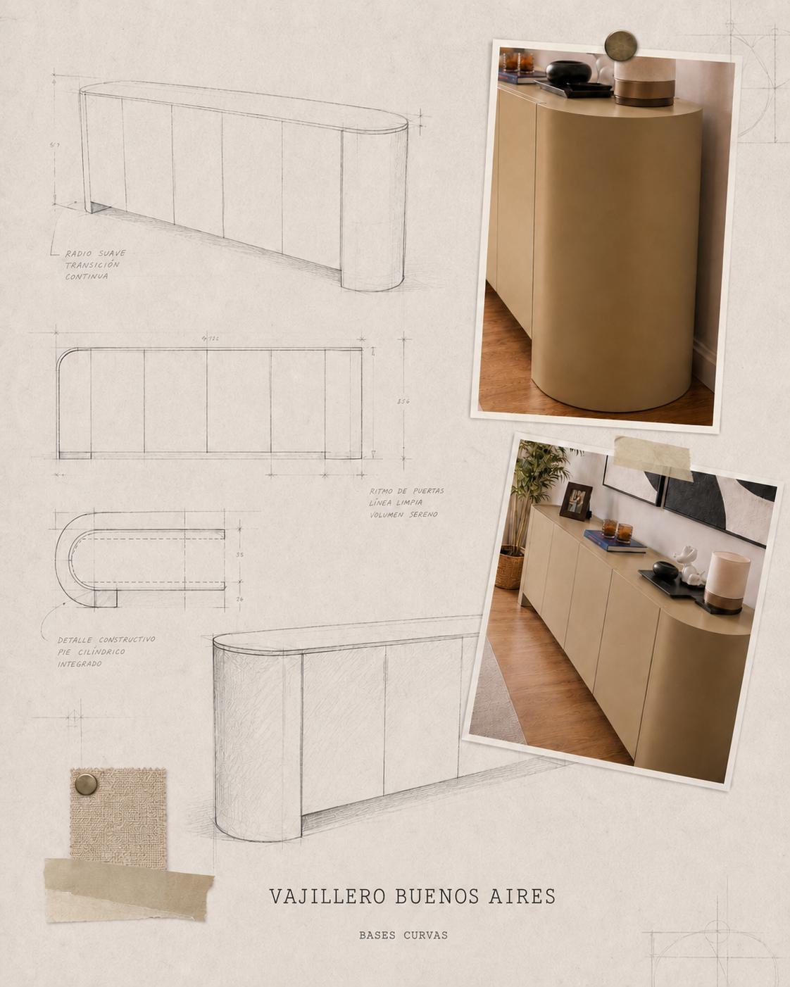 Ficha de diseño del Vajillero Buenos Aires: perspectiva, vista frontal y planta dibujadas a mano, con la nota del pie cilíndrico integrado