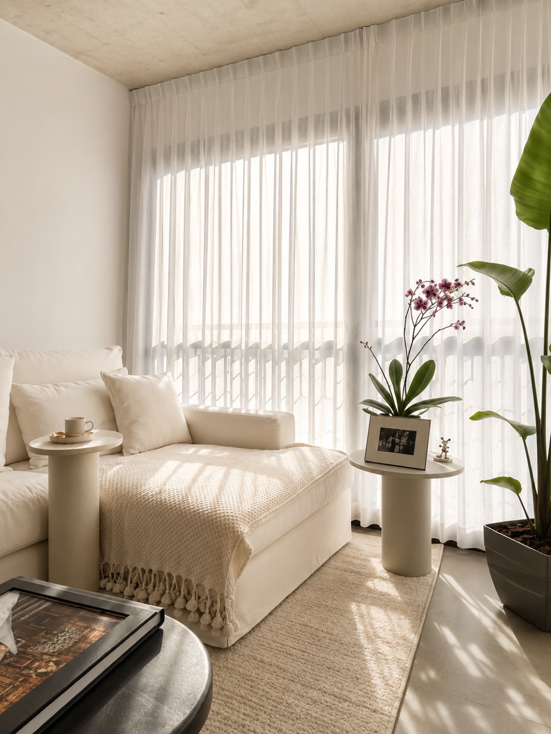 Cortinas de gasa filtrando la luz de la tarde sobre los sillones de lino del estar