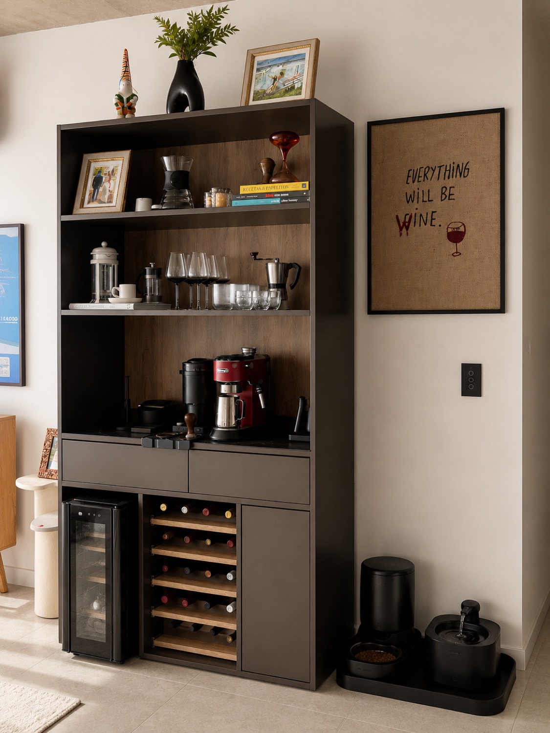 Mueble negro de bar y estación de café con estantería y cava integrada