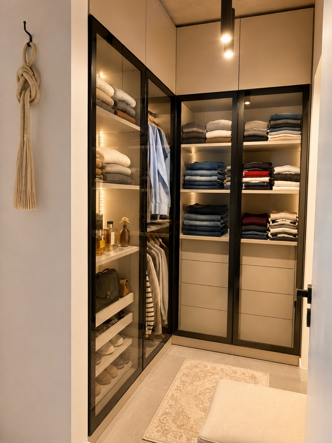 Vestidor con puertas vidriadas de perfilería negra e interior de madera clara