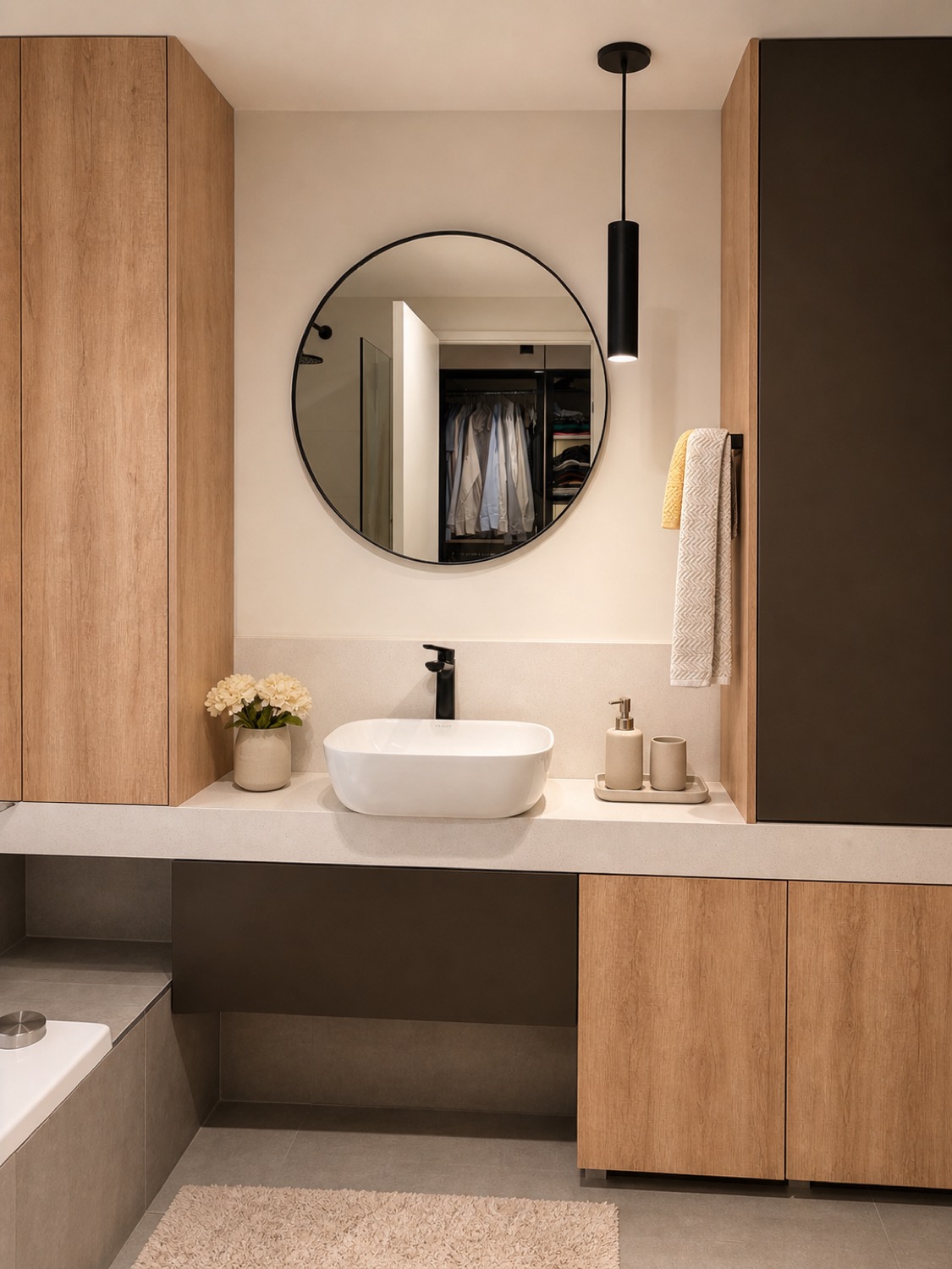Baño en suite con espejo redondo, bacha de apoyar y mueble de madera clara