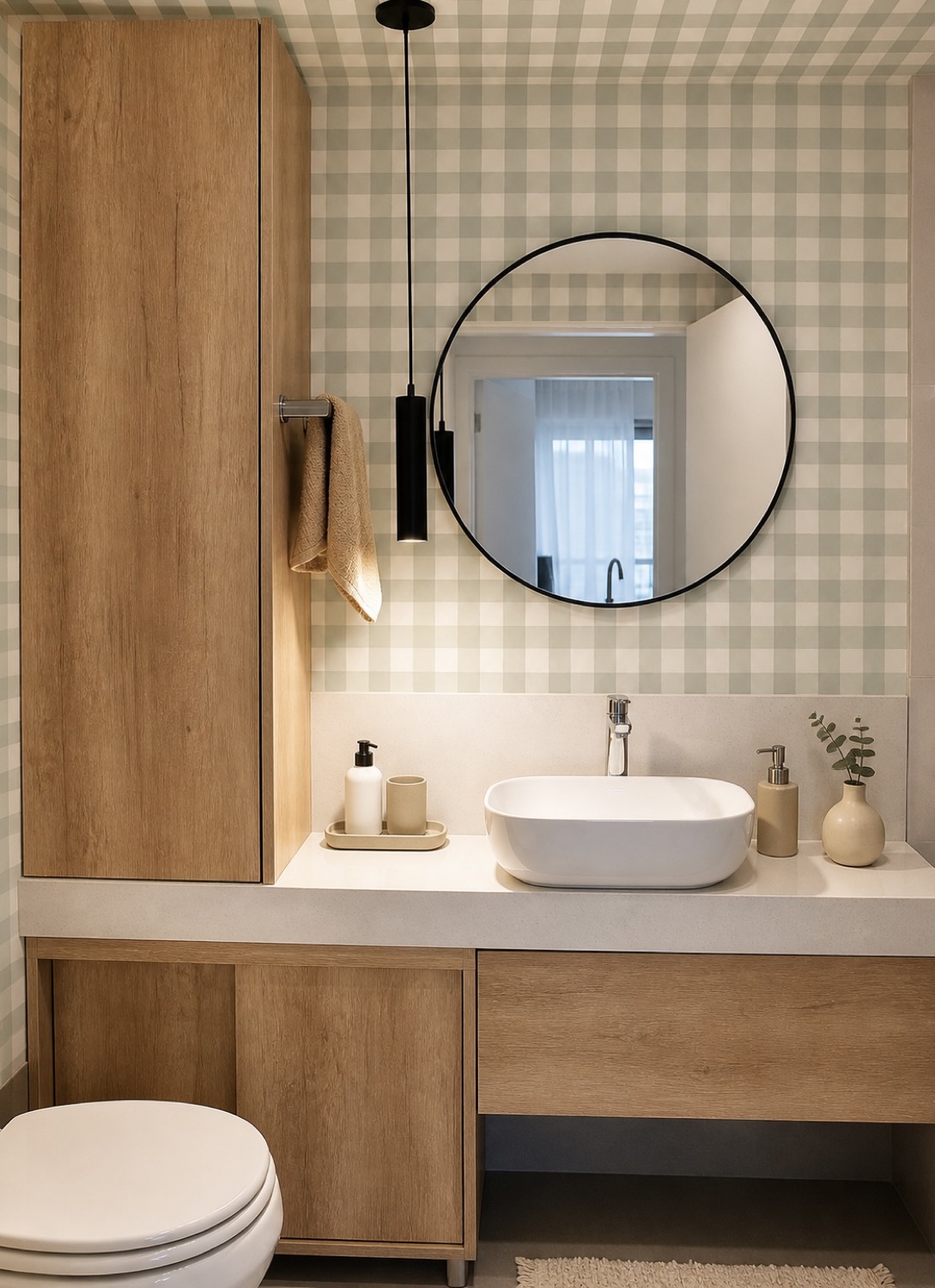 Toilette empapelado a cuadros verdes con espejo redondo y mueble suspendido