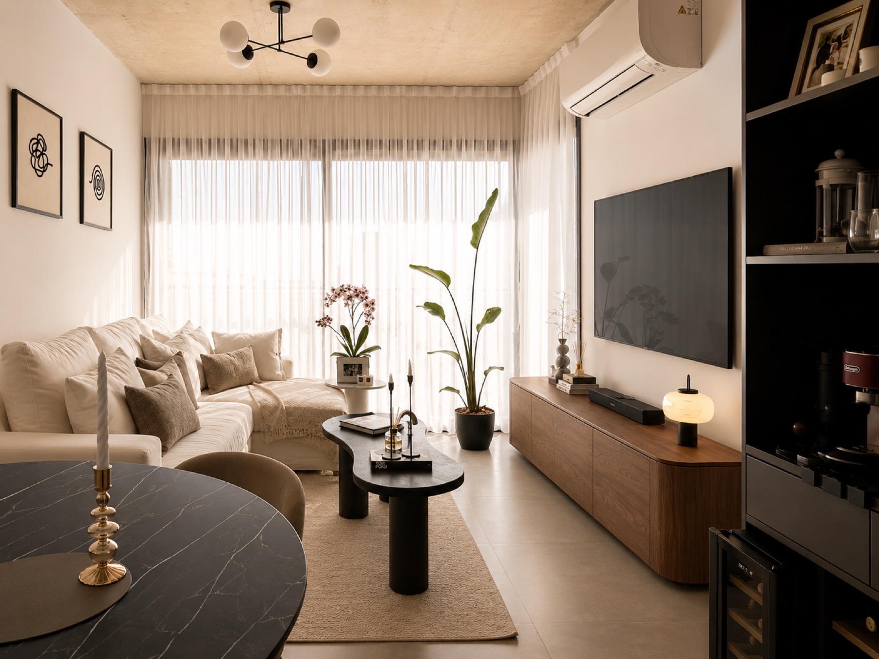 Estar del departamento Domus de noche: sillones de lino, mesa baja escultórica negra y mueble de televisión a medida