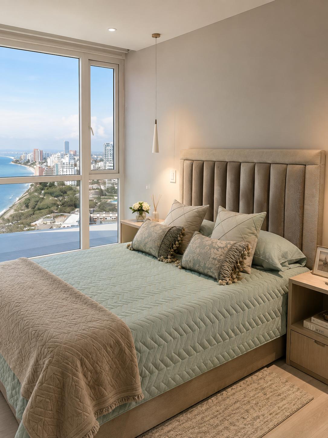 Dormitorio principal del departamento Manta con ropa de cama verde agua y ventanal al mar
