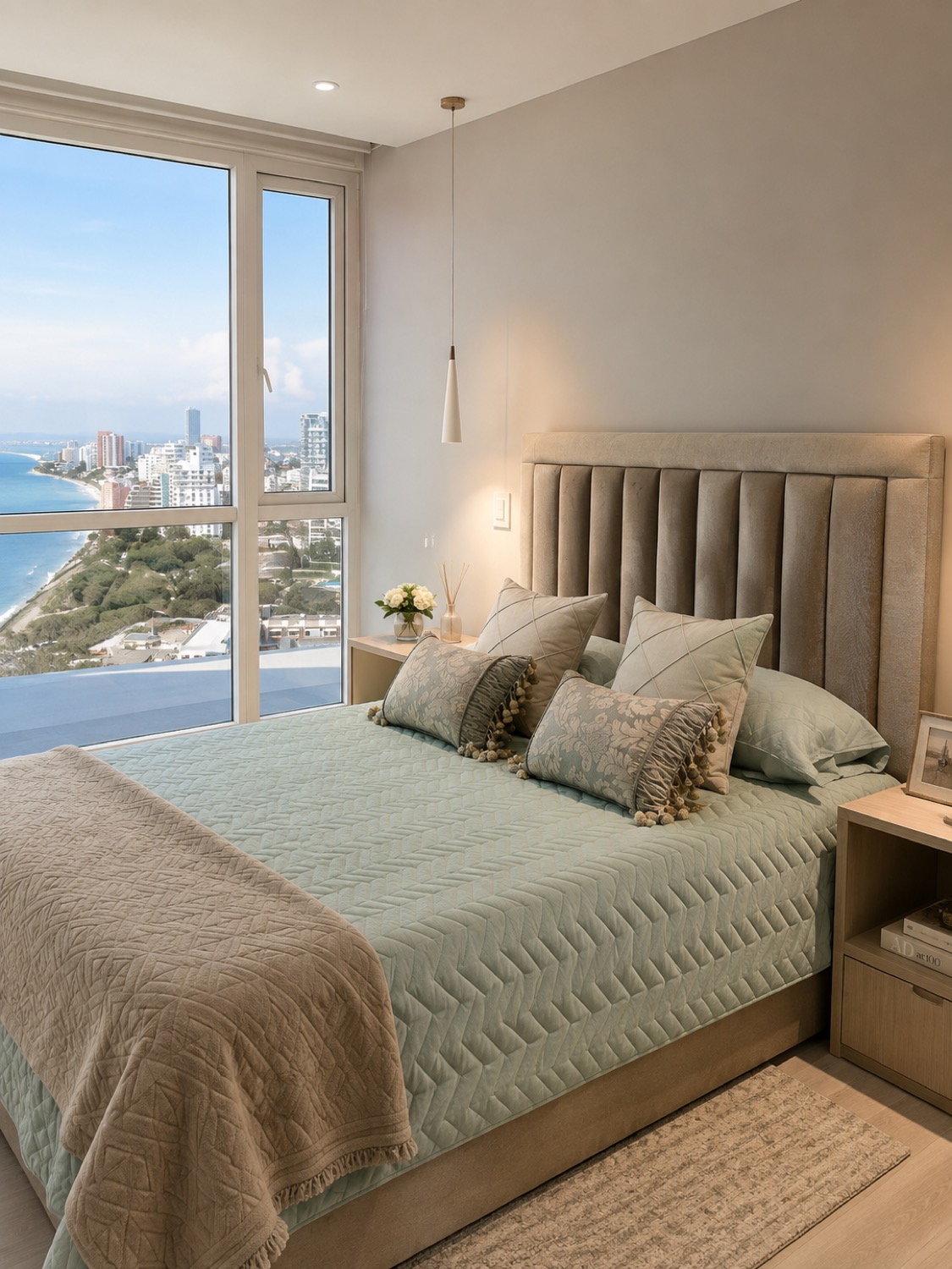 Dormitorio principal del departamento Manta con ropa de cama verde agua y ventanal al mar