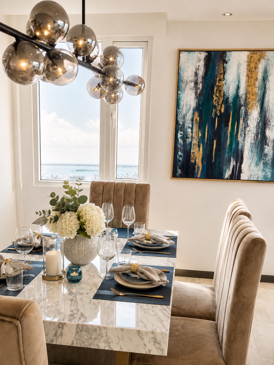 Comedor del departamento Manta con lámpara de esferas de bronce y obra abstracta en azules