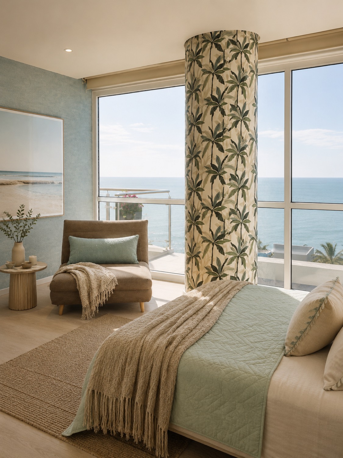 Dormitorio de huéspedes del departamento Manta con cortina botánica y vista al mar