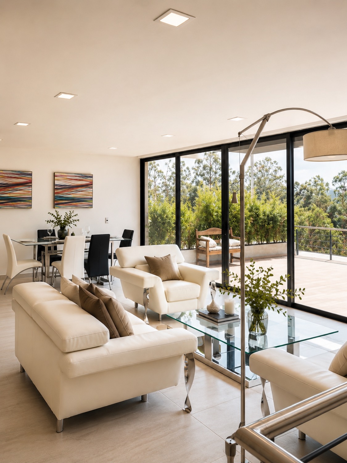 Living de la casa Sevillana con sillones blancos, mesa de vidrio y el jardín interior al fondo