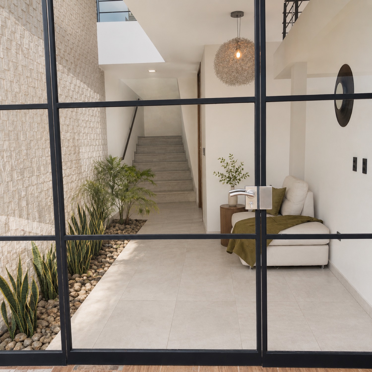 Doble altura de la casa Sevillana con escalera, jardín de piedra y carpintería de acero negro