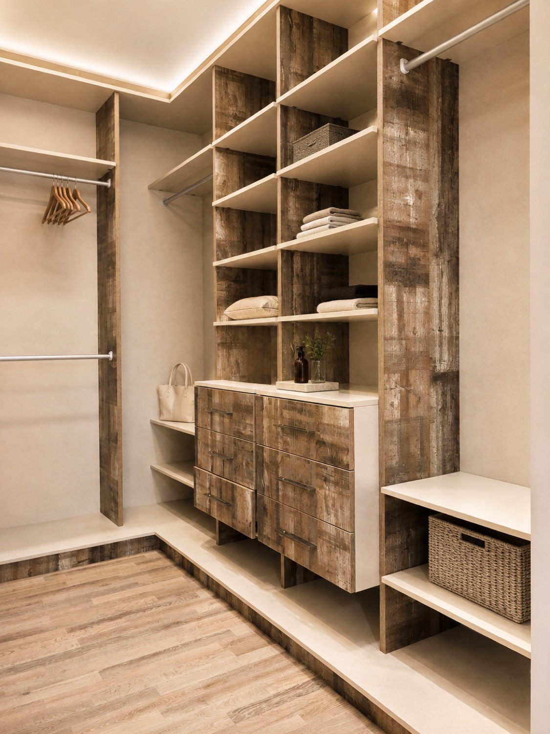 Vestidor de la casa Sevillana con estantería de madera de veta marcada y banqueta