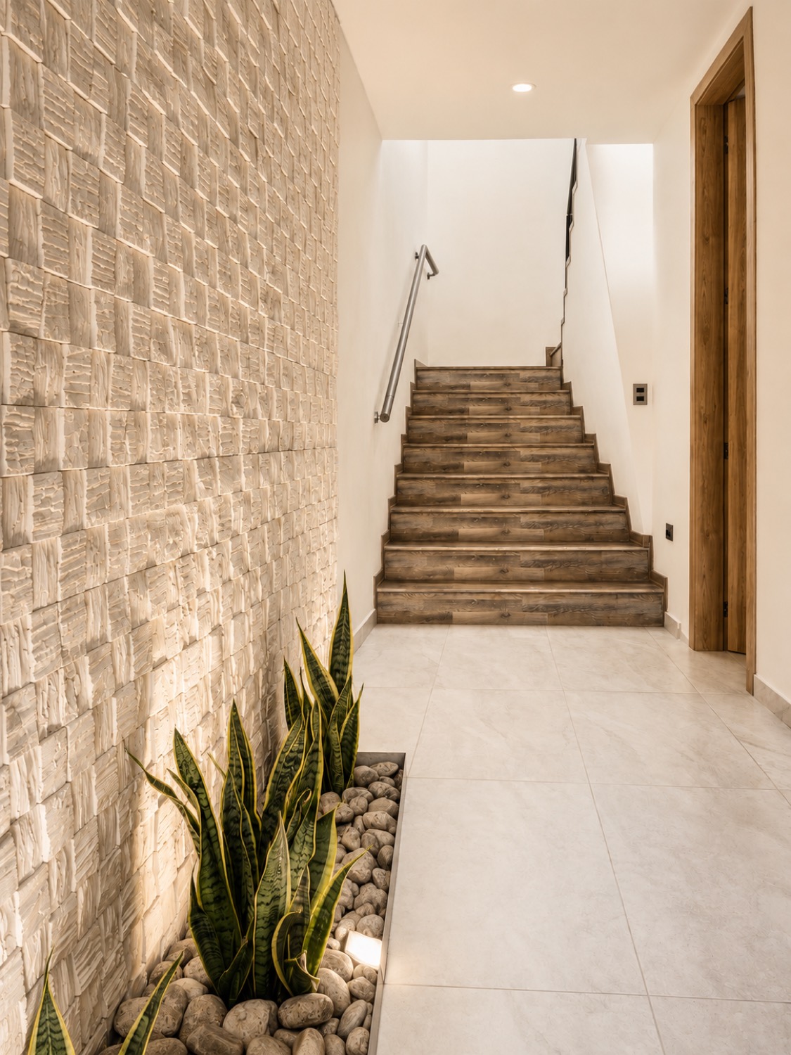 Escalera de la casa Sevillana junto a un muro de piedra iluminado desde abajo